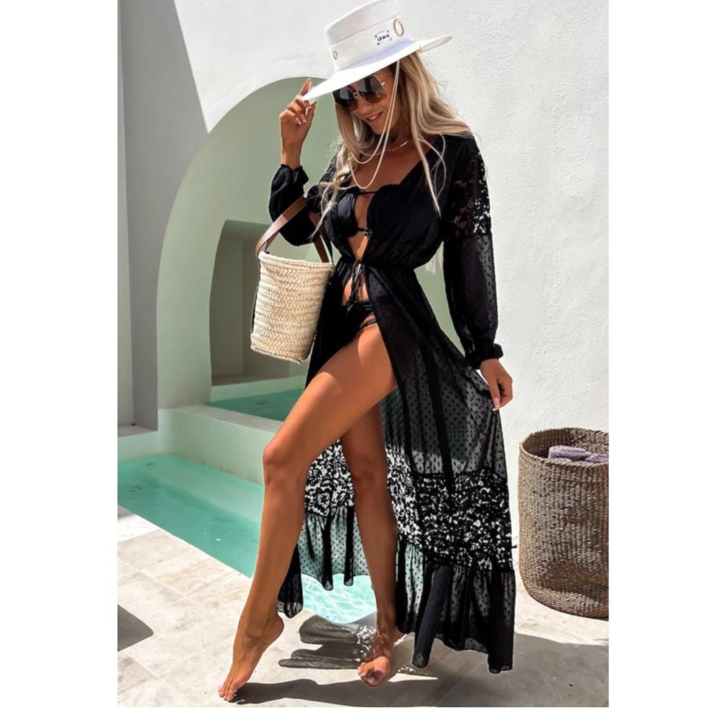 Black Polka Dot Mesh Lace Swimsuit Coverup Small and Medium